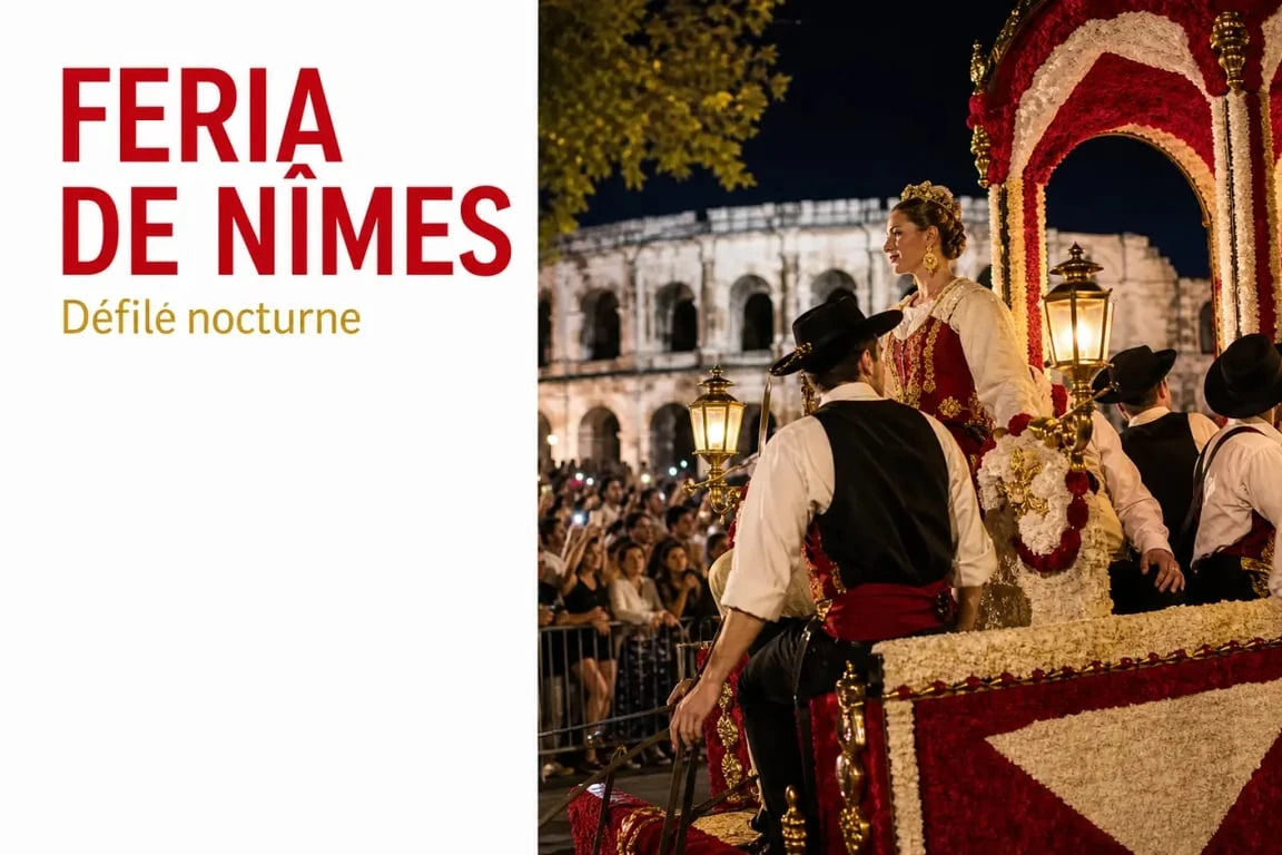 Pégoulade Nîmes 2026 : char de feria en gros plan avec costumes et lumières de soirée