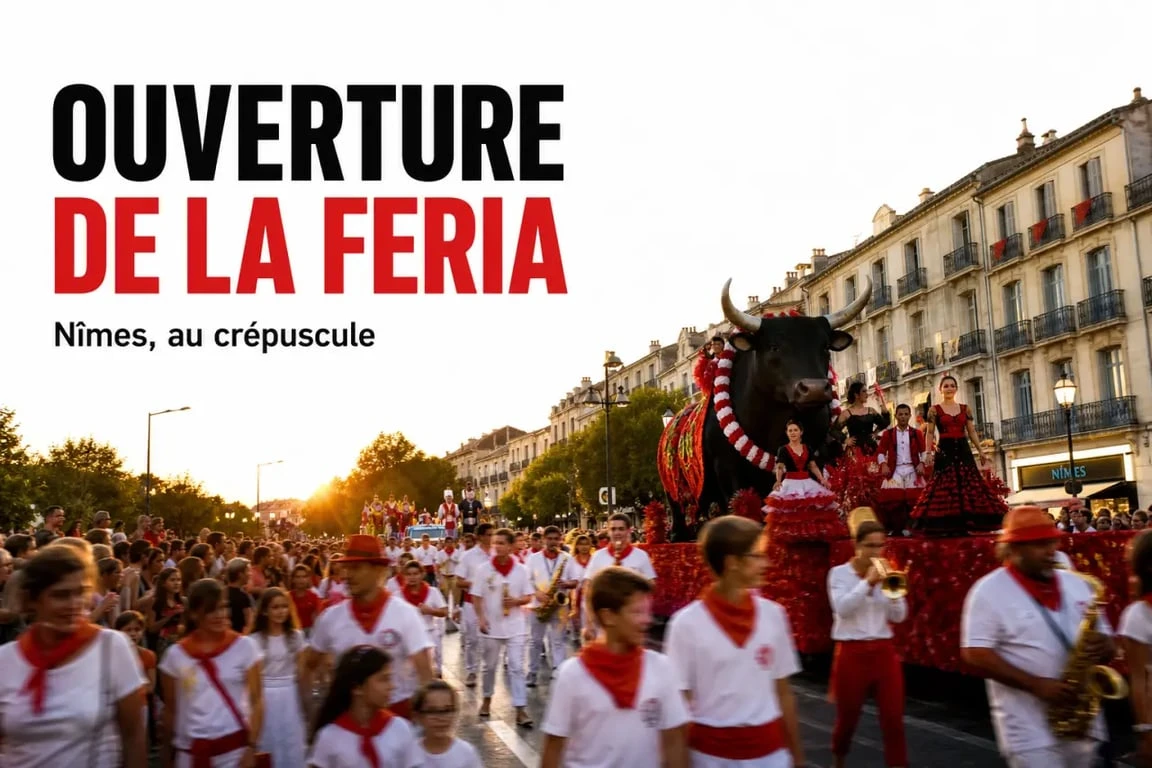Pégoulade Nîmes 2026 : défilé de chars et figurants costumés sur les boulevards du centre-ville au crépuscule