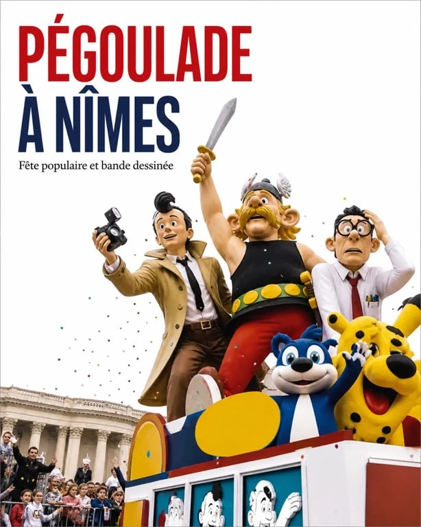 Pégoulade Nîmes 2026 : chars inspirés de la bande dessinée et mascottes colorées dans la Feria