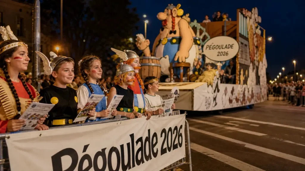 pegoulade nimes 2026 : char BD géant au crépuscule, foule et enfants