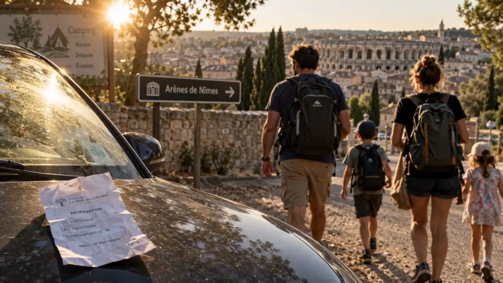 Camping arènes de Nîmes : voiture et départ vers Nîmes