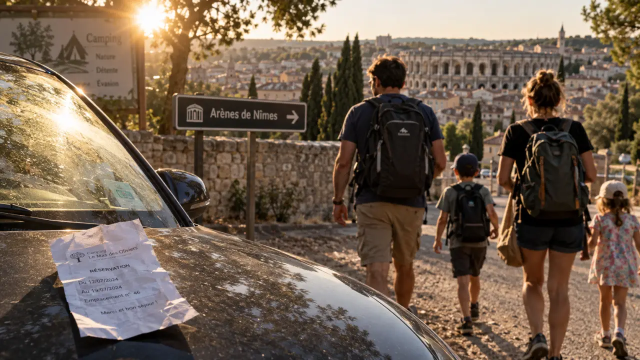 Camping arènes de Nîmes : voiture et départ vers Nîmes