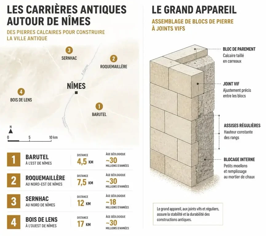 Carte des matériaux de construction des Arènes de Nîmes montrant les quatre carrières antiques