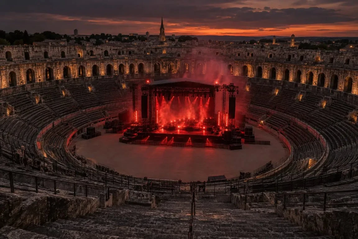 Arènes de Nîmes Rammstein dans l’amphithéâtre romain éclairé pour un concert