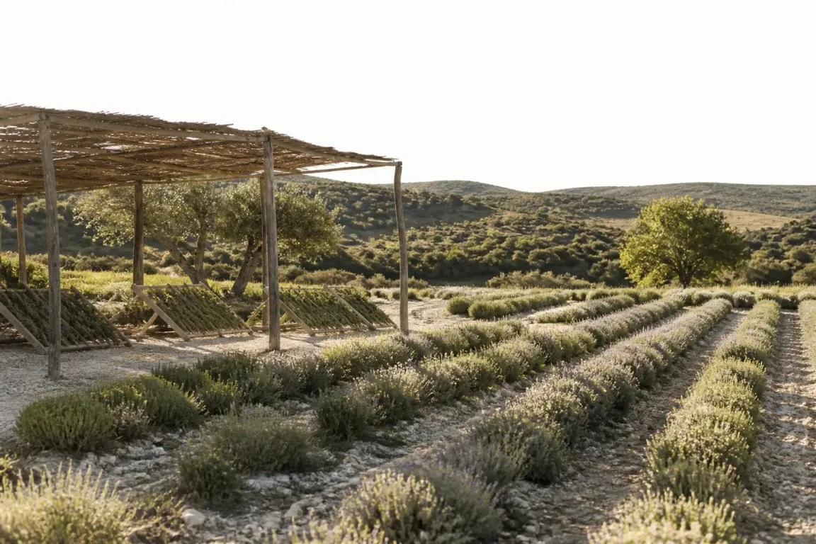L’Herbier des Garrigues dans la garrigue gardoise, champs de plantes aromatiques et séchoirs naturels