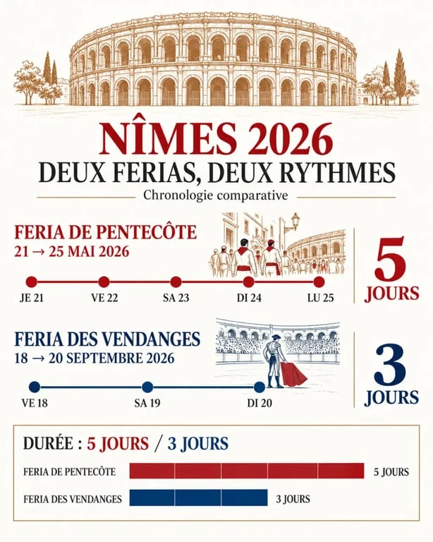 Comparaison des dates de la Feria de Nîmes 2026 entre Pentecôte et Vendanges