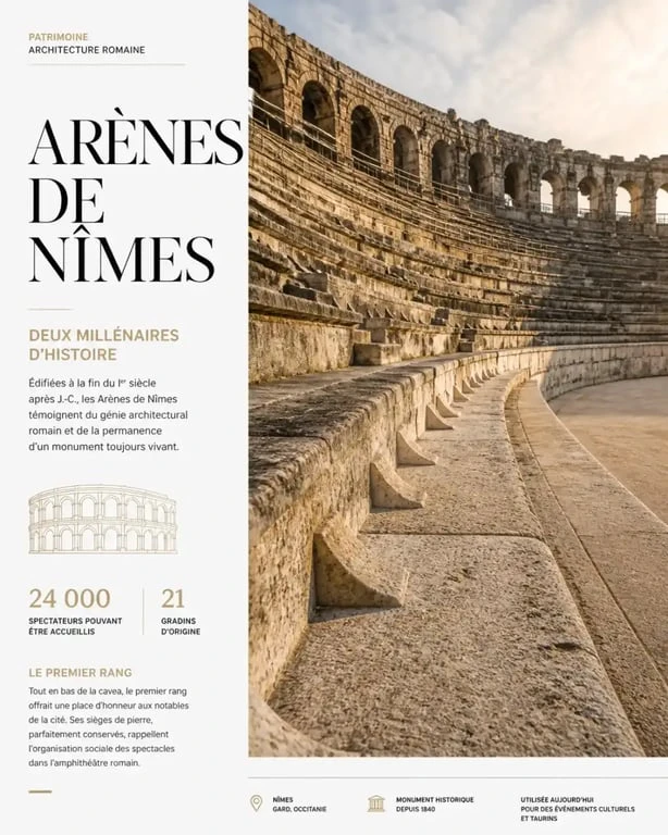 Vue des gradins et du rang 0 dans les Arènes de Nîmes