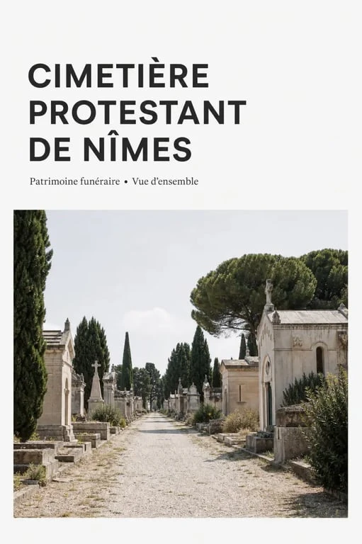 Vue d’ensemble du cimetiere protestant nimes, avec ses allées, tombes anciennes et chapelles funéraires