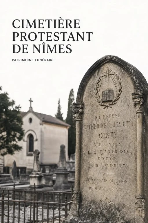 Détail d’une tombe du cimetiere protestant nimes avec stèle ancienne et inscriptions gravées