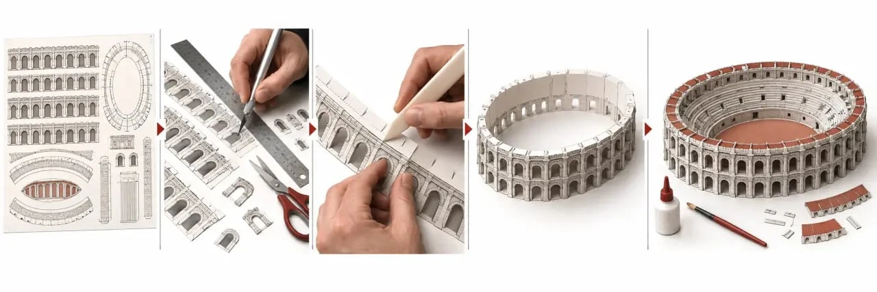 Étapes de fabrication d’une maquette arènes de Nîmes en papier