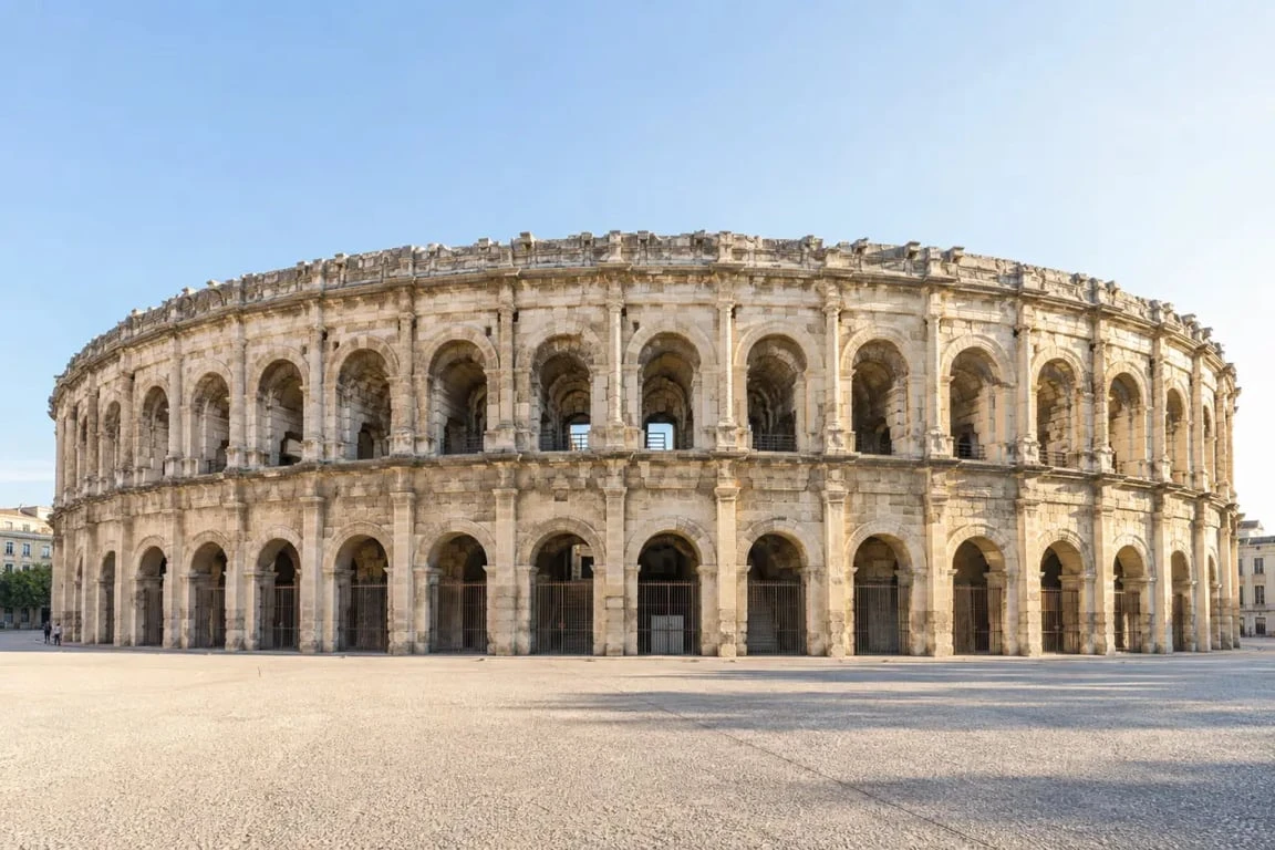 Maquette arènes de Nîmes comparée à la vue extérieure du monument romain