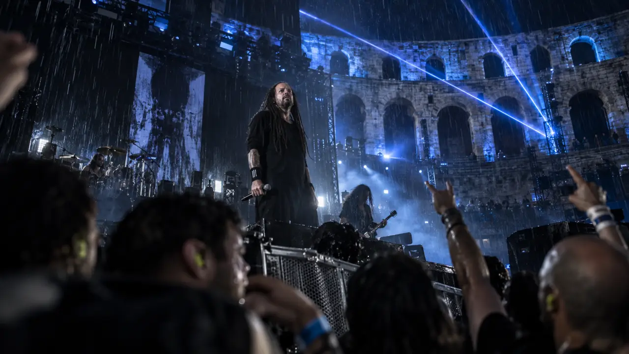 Korn aux arènes de Nîmes, pluie artificielle et scène sombre