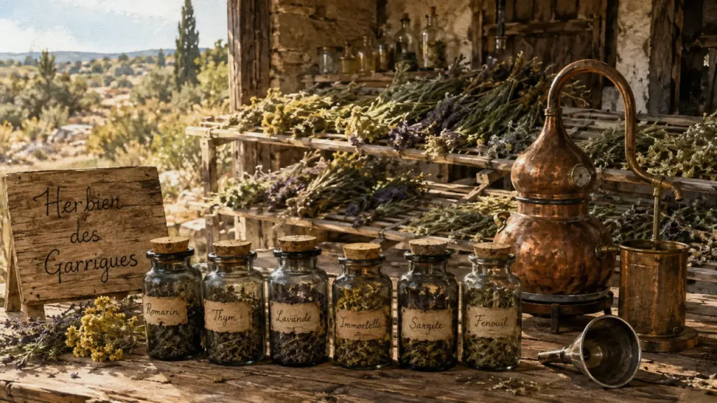 l herbier des garrigues : pots bio et alambic cuivre, plantes en garrigue