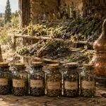 l herbier des garrigues : pots bio et alambic cuivre, plantes en garrigue