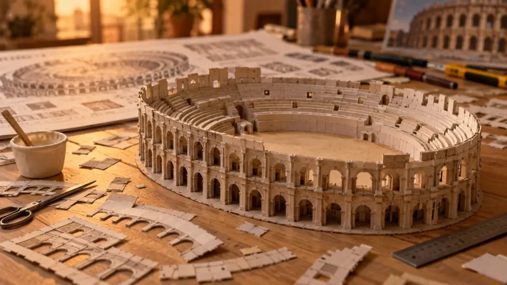 Maquette arènes de nîmes en papier, assemblage sans déformer, format 16:9