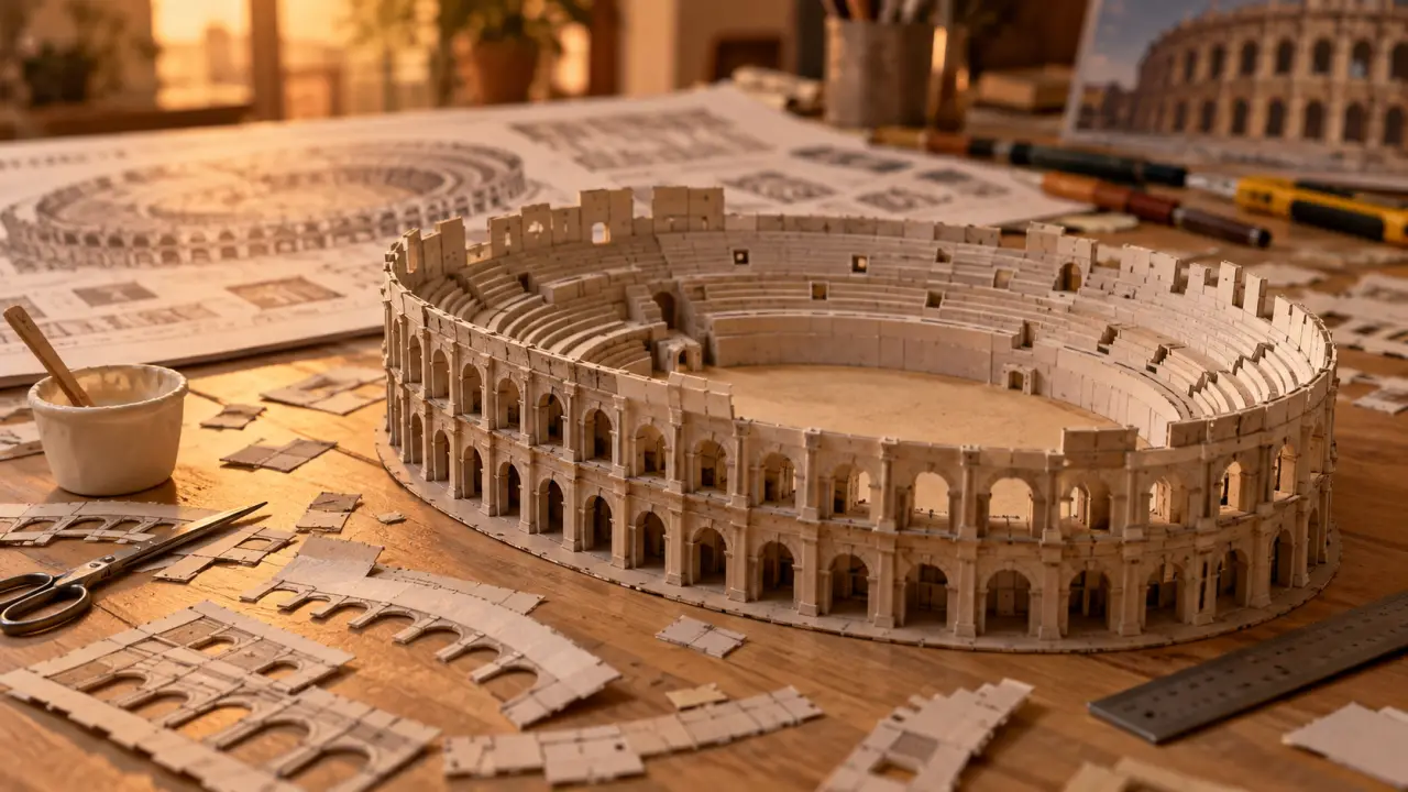 Maquette arènes de nîmes en papier, assemblage sans déformer, format 16:9