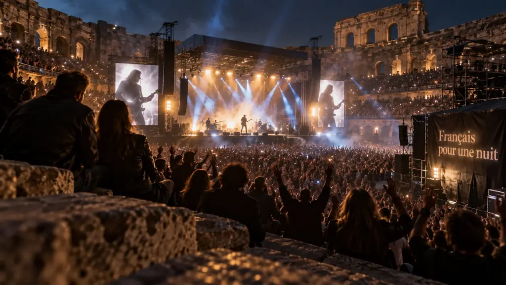 Metallica arènes de Nîmes : scène et concert en contre-jour