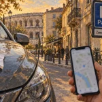 Arènes Nîmes parking gratuit : panneau zone réglementée et ticket de stationnement