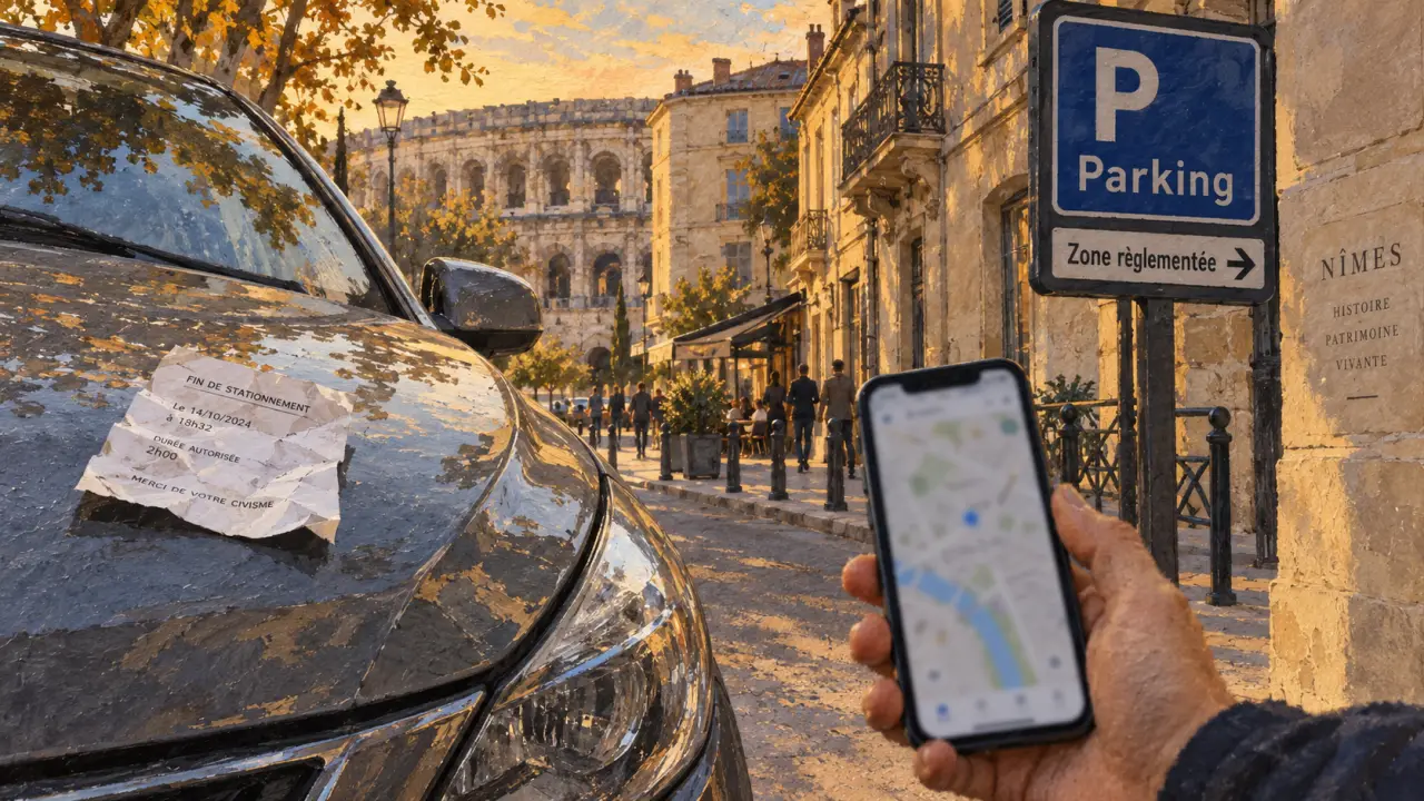 Arènes Nîmes parking gratuit : panneau zone réglementée et ticket de stationnement