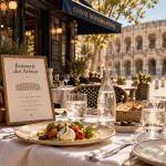 Table en terrasse à la brasserie des arènes Nîmes, vue sur les Arènes