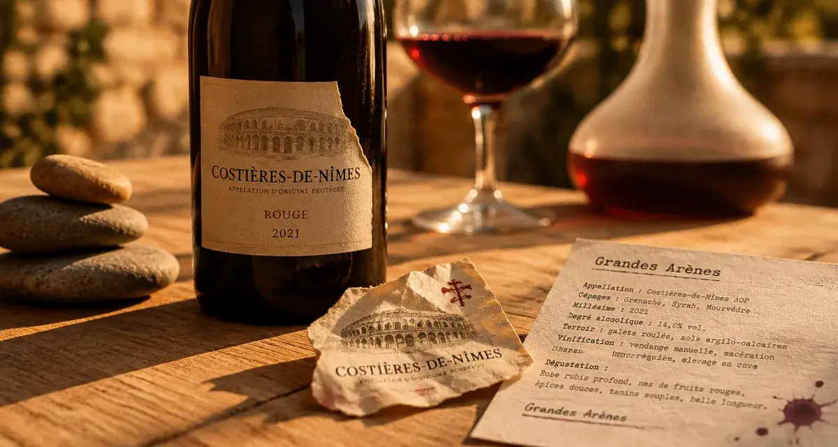 costières de nîmes les grandes arènes, vin rouge rouge servi à 16-18°C