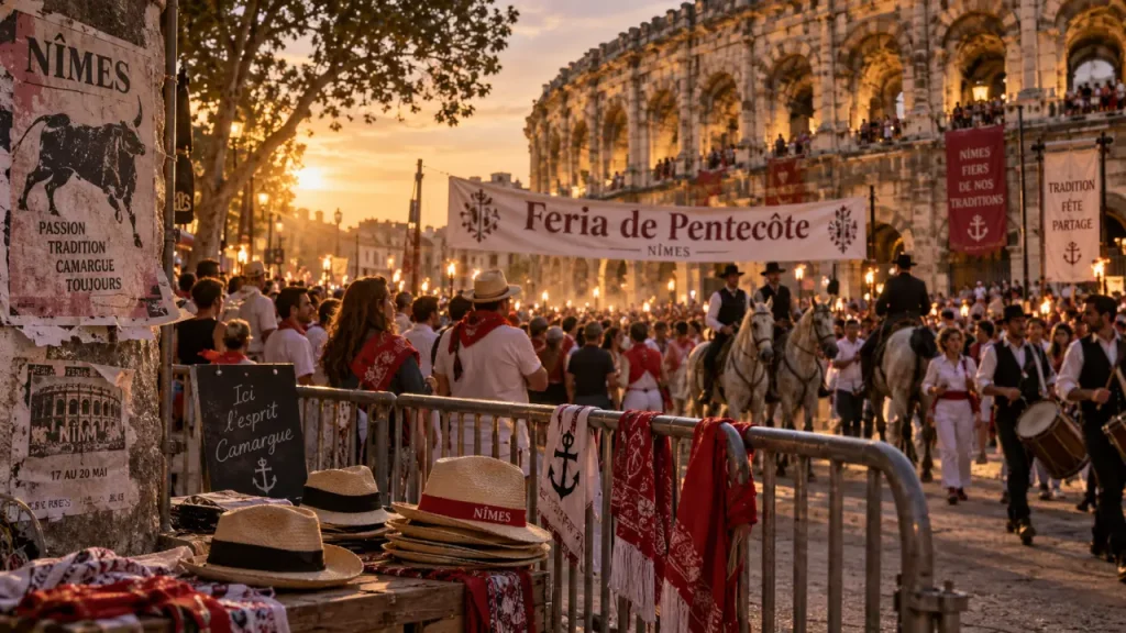 Feria de Nîmes 2025 programme : foule aux Arènes au coucher du soleil