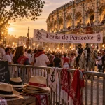 Feria de Nîmes 2025 programme : foule aux Arènes au coucher du soleil