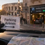 Parking indigo nîmes arènes : ticket sur tableau de bord, entrée à 5 min à pied