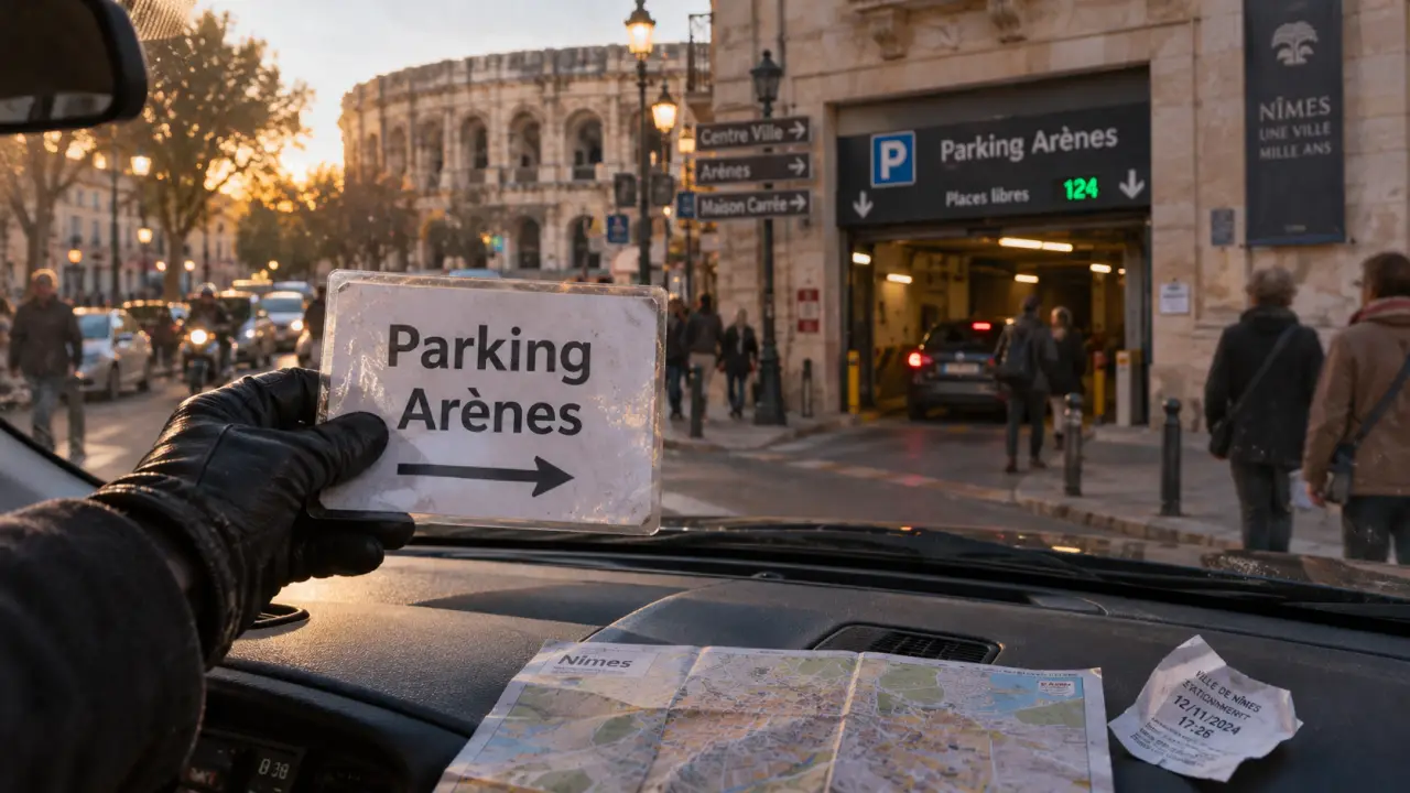 Parking indigo nîmes arènes : ticket sur tableau de bord, entrée à 5 min à pied